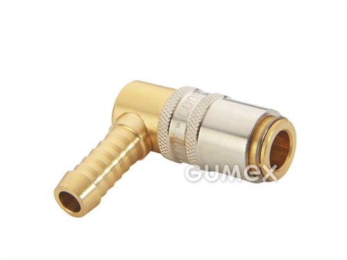 Plastikářská rychlospojka ESHM, DN6, s úhlovým 90° trnem pro standardní hadice 6mm, bez ventilu, 15bar, těsnění viton potažený PTFE, -20°C/+200°C, mosaz